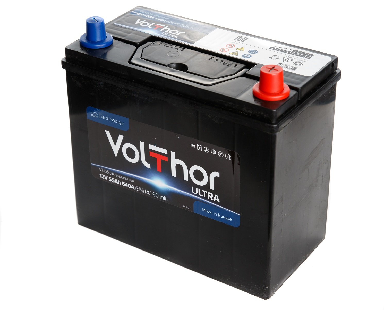 Акумулятор легковий VOLTHOR 6СТ-55(0) JIS (490А) ULTRA 12B, 55Ah, 490A, плюс праворуч (R+) кальцієвий (Ca/Ca) 236X131X205(225) мм (301055)